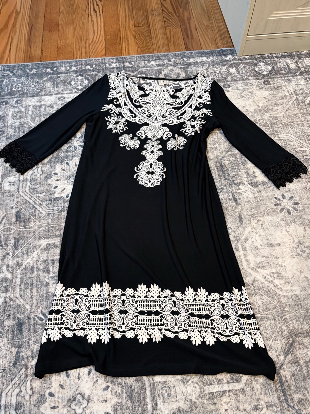 Madison Black Midi Dress with White Embroidered Neckline and Hem